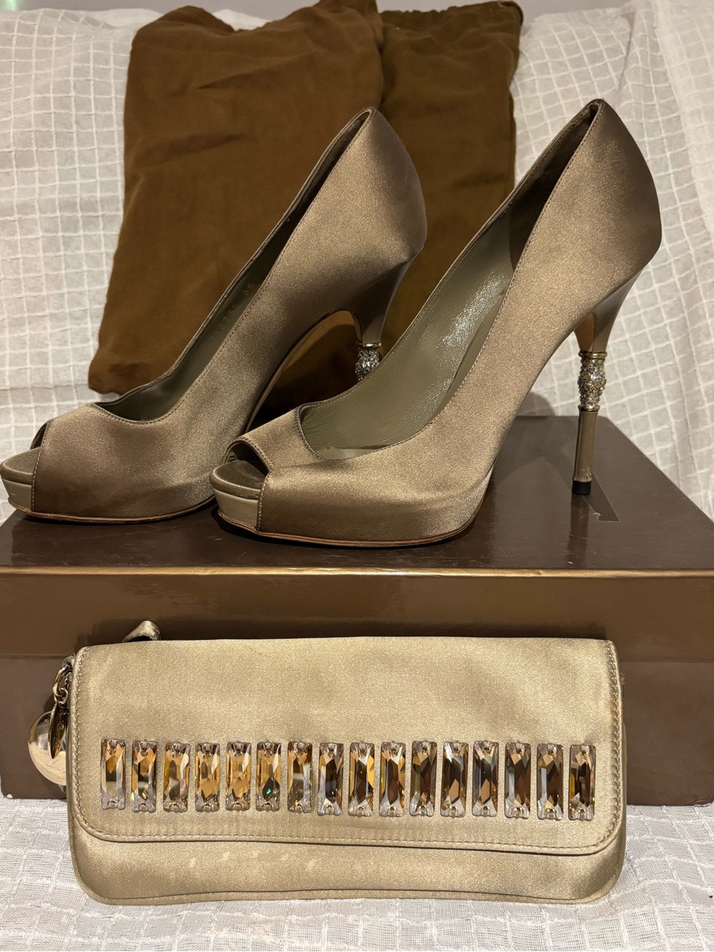 Gucci Gold Satin Peep-Toe Heels with Crystal-Trim Clutch